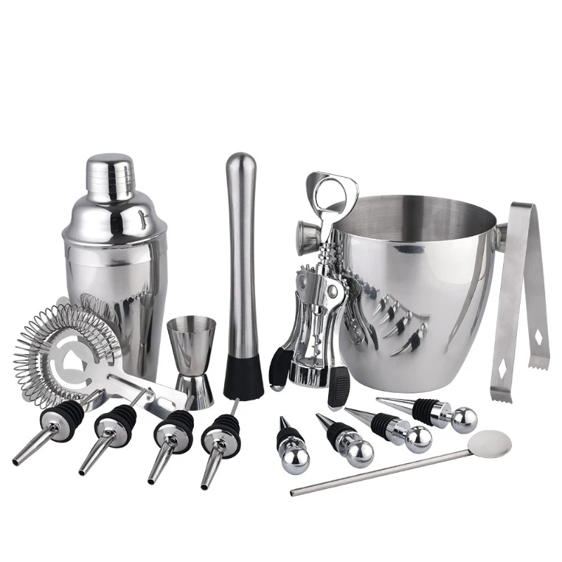 

Stainless steel high-end wine set, full set of bar cocktail bartender set combination 16-piece set with ice bucket