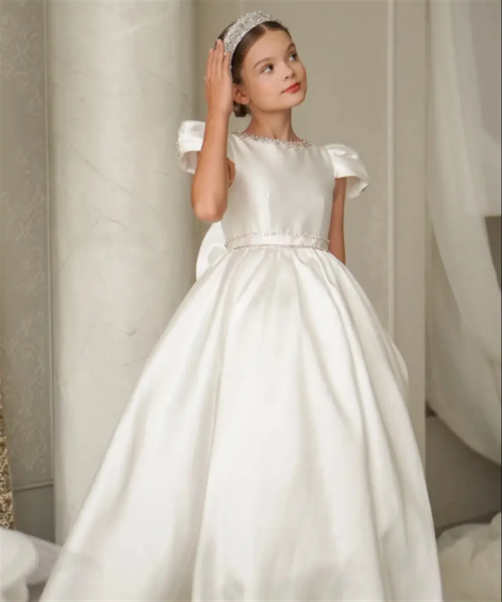 

Elegant Satin Flower Girl Wedding Dress Beaded Short Sleeves with Bow Princess Birthday Party Dress First Communion Gown