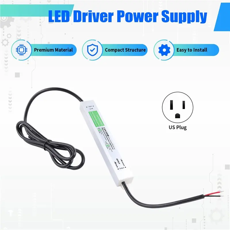 75STO-LED Driver 12V Power Supply 30W, 90-250V AC To 12V DC 2.5A Converter, IP67 Waterproof , US Plug