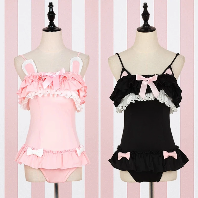 

One Piece Swimsuit Cute Sexy Anime Cosplay Costume Women Kawaii Black Cat & Powder Rabbit Swimsuit Lolita Japanese Sukumizu