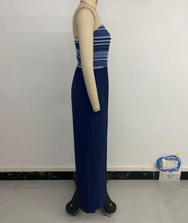 Jumpsuit Woman Summer Casual Jumpsuit Strapless Elastic Splicing Striped Printed Casual High Waisted Slim Fit Wide Leg Jumpsuit
