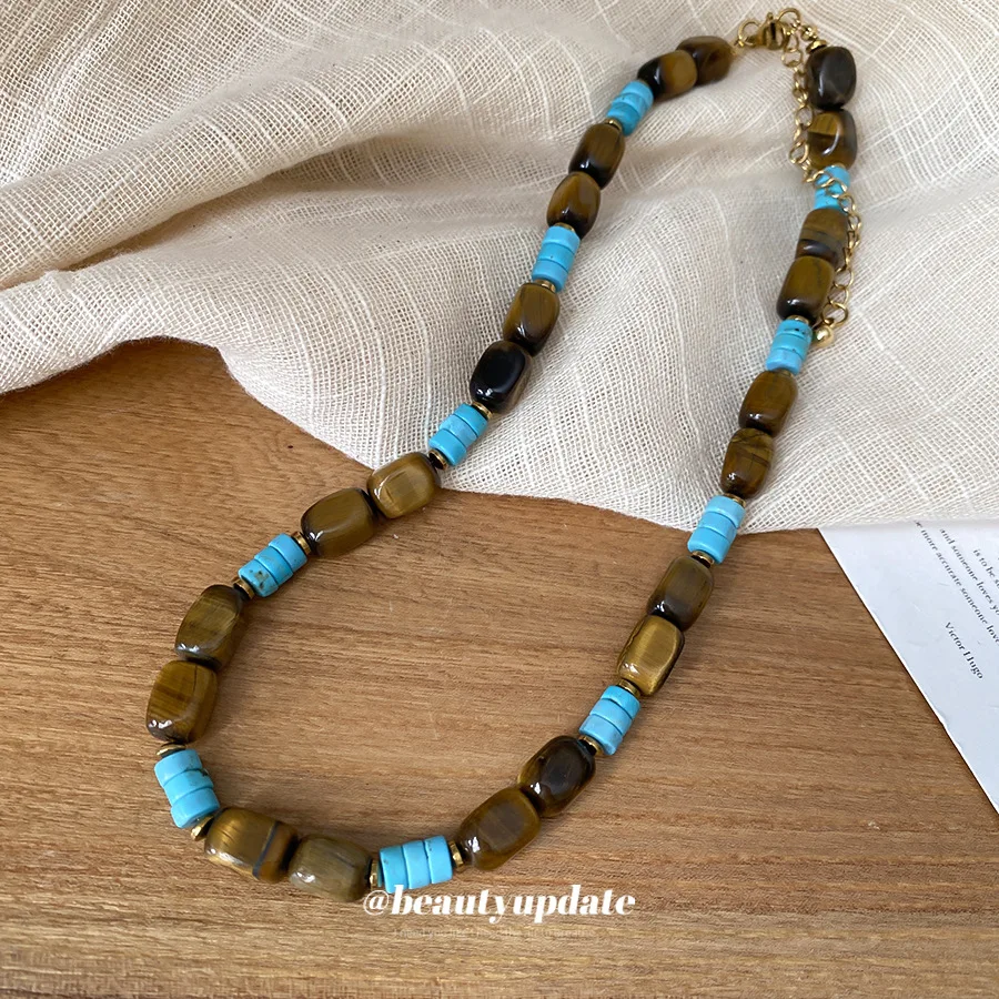 Vintage Natural Style Tiger Eye Stone Amazonite Beads Necklace Different Shapes Spliced Single Strand Neck Chain Jewelry