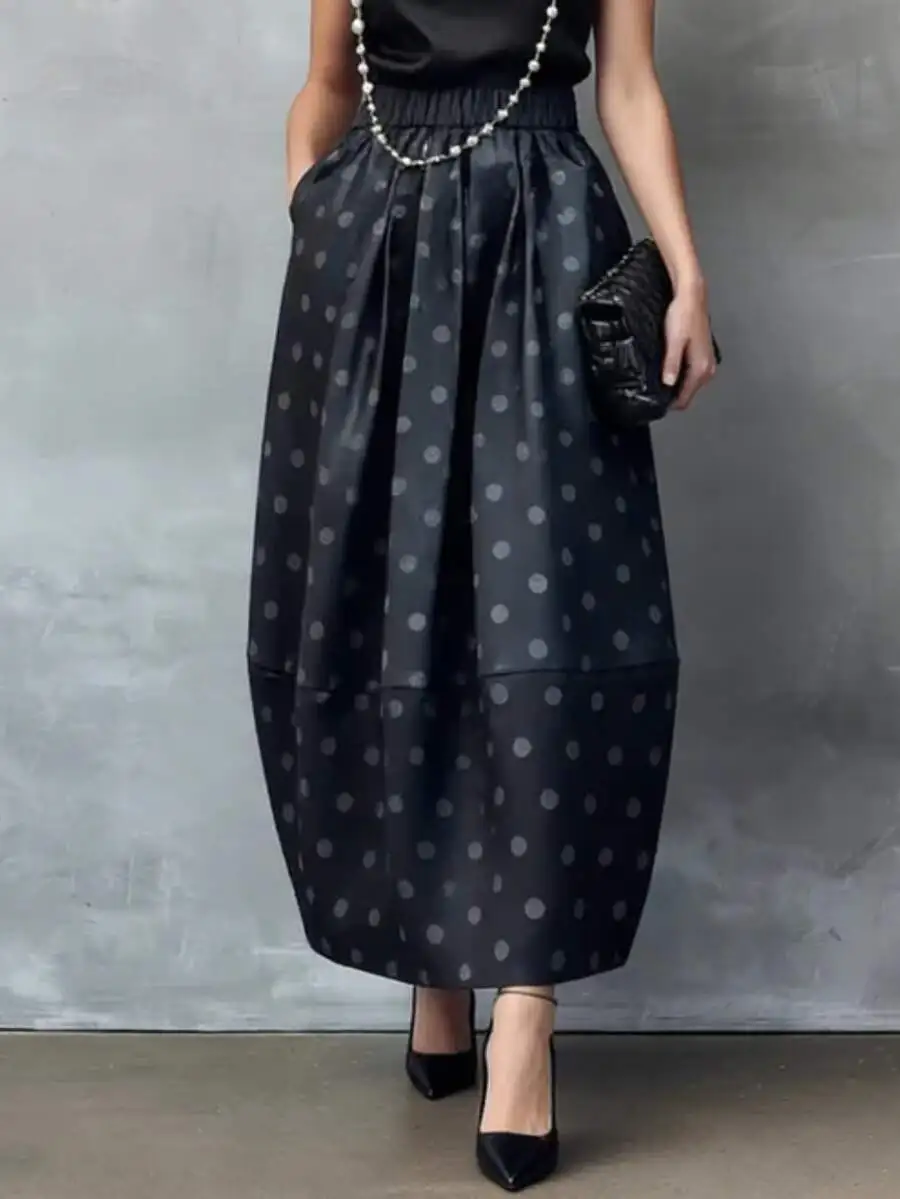 XTOCEAN Women's Vintage Polka Dot Balloon Midi Skirt – High Waist Elastic Waistband Flared A-Line Silhouette For Office Work