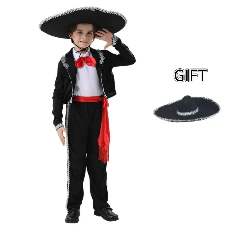 

Boys Mexican Traditional Mariachi Costume for Dance Cosplay Costumes with Hats for Carnival Theme Party