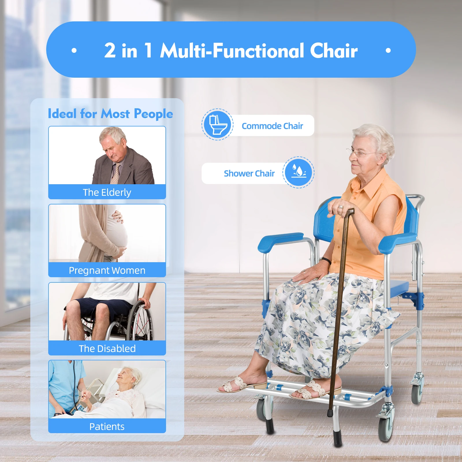 Bymaocar Household Toilet Chair W/ Handrails & Anti Roll Foot Pedal, Elderly/Disabled Movable Multifunctional Nursing Push Chair