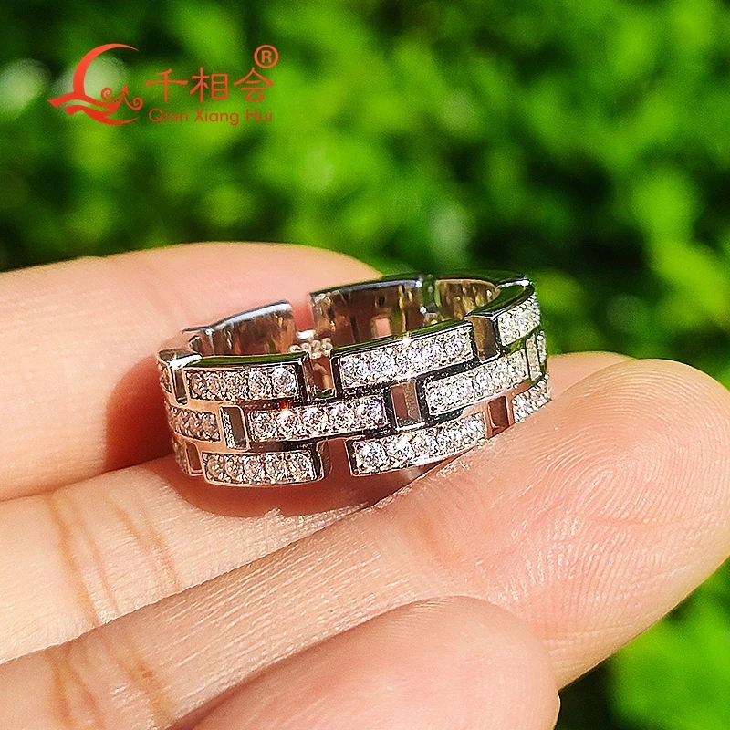 6.8mm width three rows Hollow out rectangle  Moissanite Ring Eternity Band 925 Silver hip hop Men women Diamonds Male Jewelry