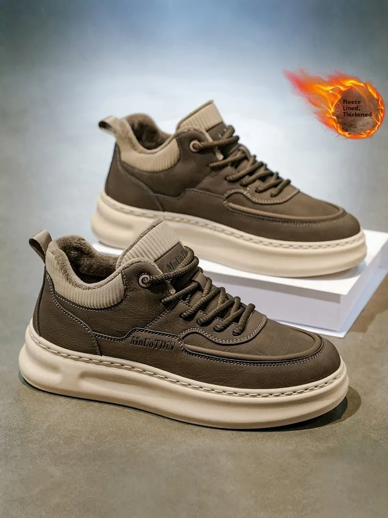 Men's Winter Waterproof Anti-slip Thick Bottom Fleece Lined Warm Cotton Shoes Casual Retro Leather Surface Work Safety Shoes