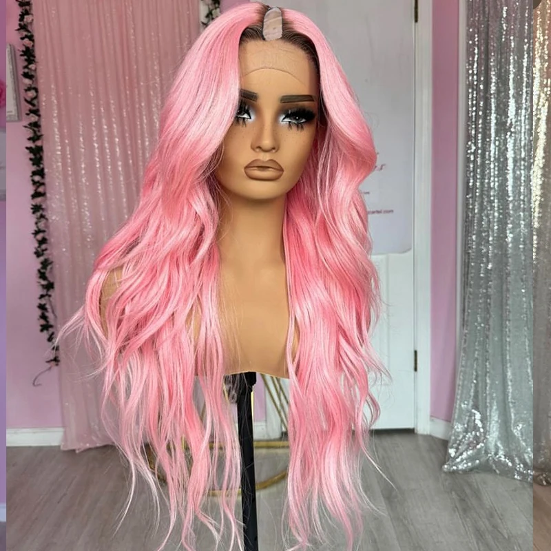 Super Black root ombre Light Pink u part 100% human hair remy Wigs long natural wavy 1x4 open no lace v part for White women