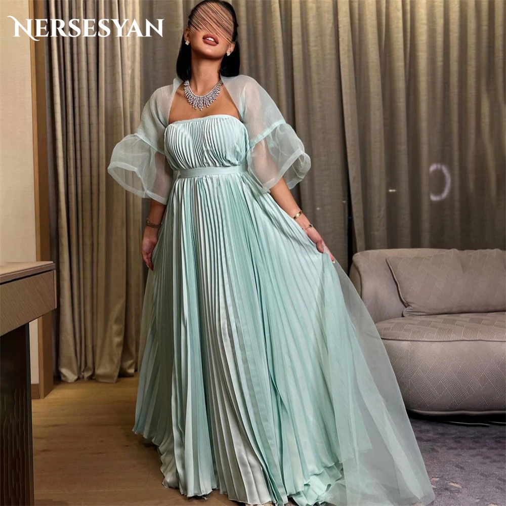 

Nersesyan Pale Turquoise Formal Evening Dresses Strapless A-Line A-Line Prom Dress Pleats Puff Sleeves Wedding Party Gowns 2024