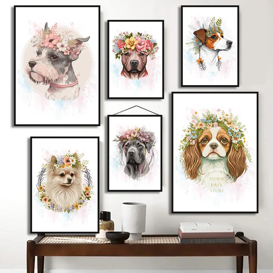 1pc frameless Canvas Painting  Watercolor Art Flower Dogs Poster  Husky Rottweiler Dog Pug Dog French Bulldog Canvas Painting fo