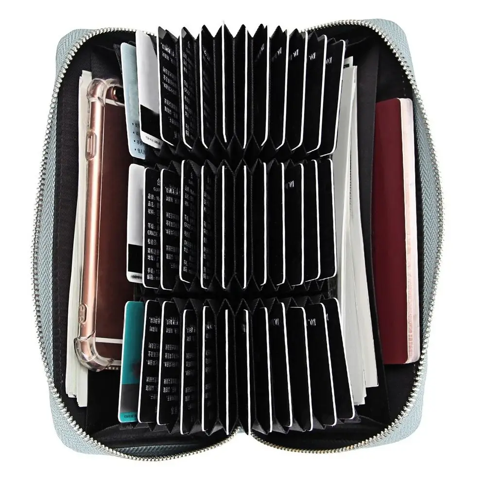 Large Capacity Genuine Leather Wallet Multi-Card Zippered Credit Card Holder Multiple Slots Accordion Design Card Storage Bag