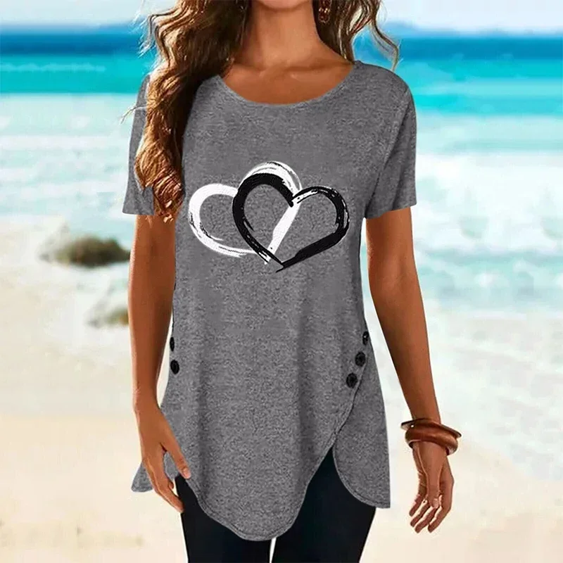 

Women's Short-sleeve Heart Printed T-shirt Summer Casual Loose Long Top Tee Shirt Clothing Fashion T Shirt Streewear Oversized