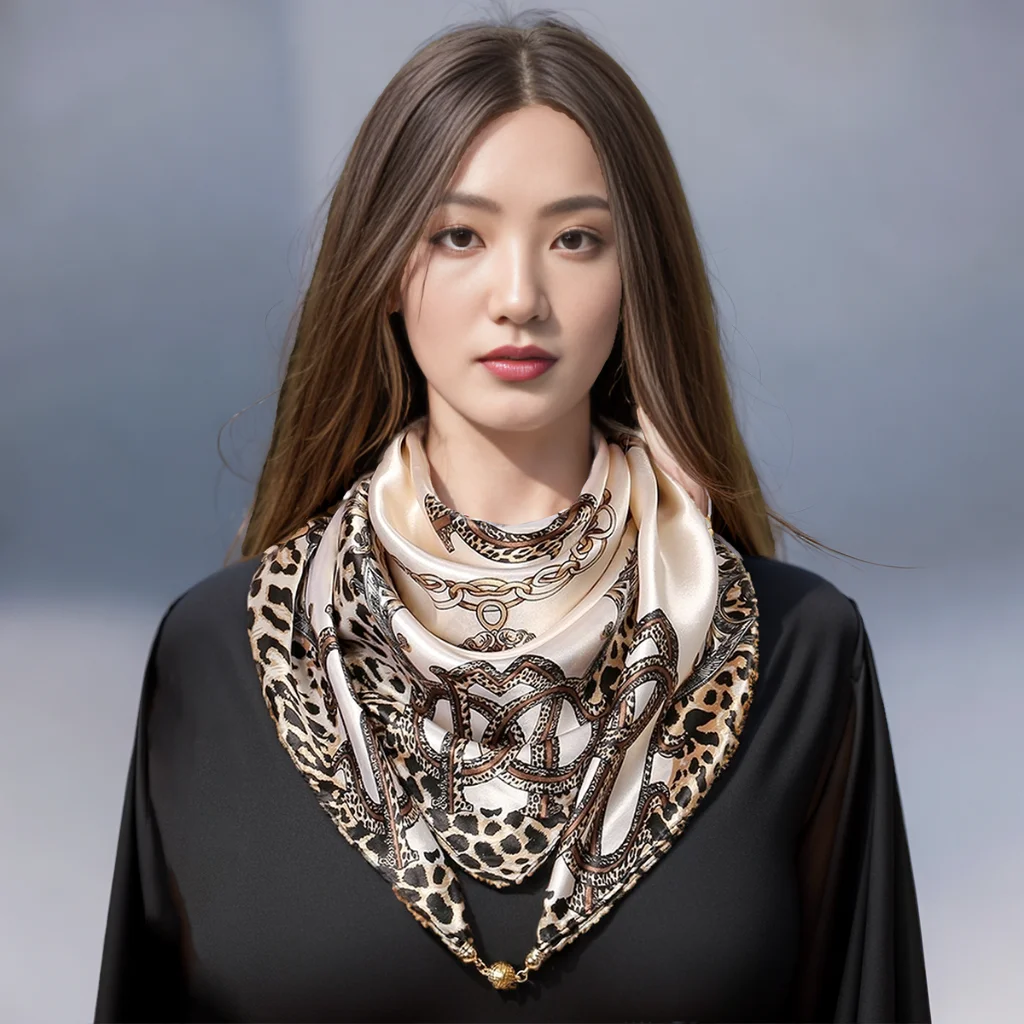 New Style Leopard Square Scarf Neckerchief For Women Printed Magnet Shawl Wraps Lady Satin Scarf With Chain