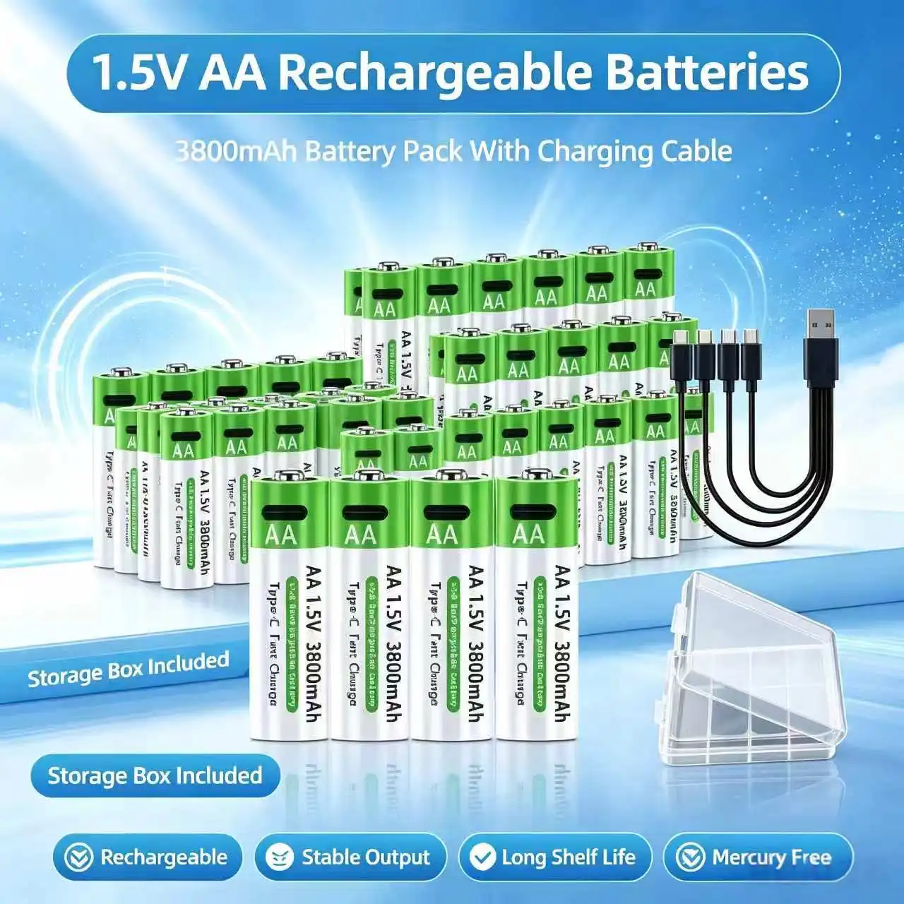 2026 New 1.5V AA USB Rechargeable Battery 3800 mAh Li-ion Battery For Remote Control Mouse Electric Toy Battery + Type-C Cable