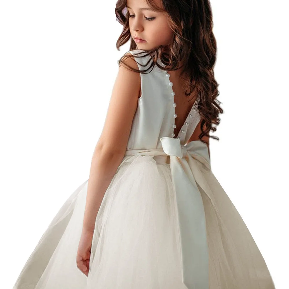 A-Line Pearl Tulle First Communion Dresses With Sash Deep V Back Wedding Dress For Flower Girl Pageant Birthday Party Gown Long