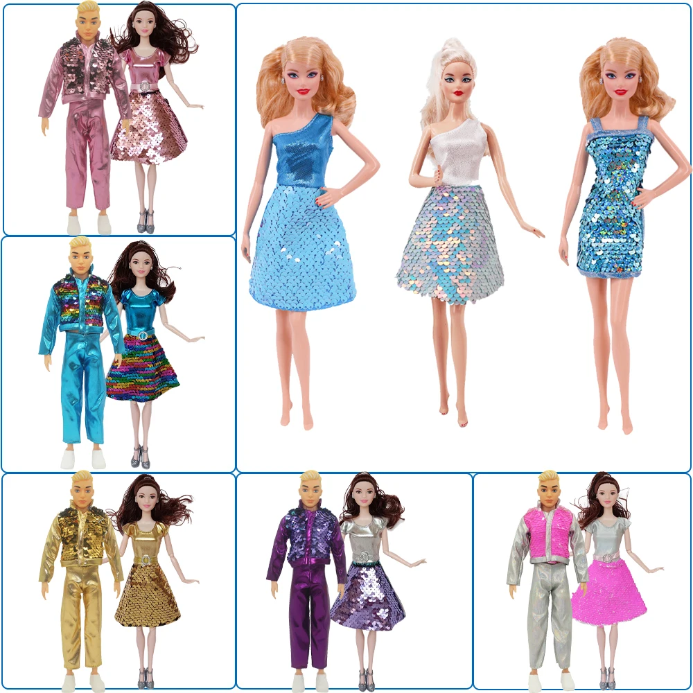 Doll Clothes Couple Set Fish Scale Sequin Dress For Barbis, Ken Doll Jacket long pants , Toys For Girls For 30CM Bjd Doll Gift