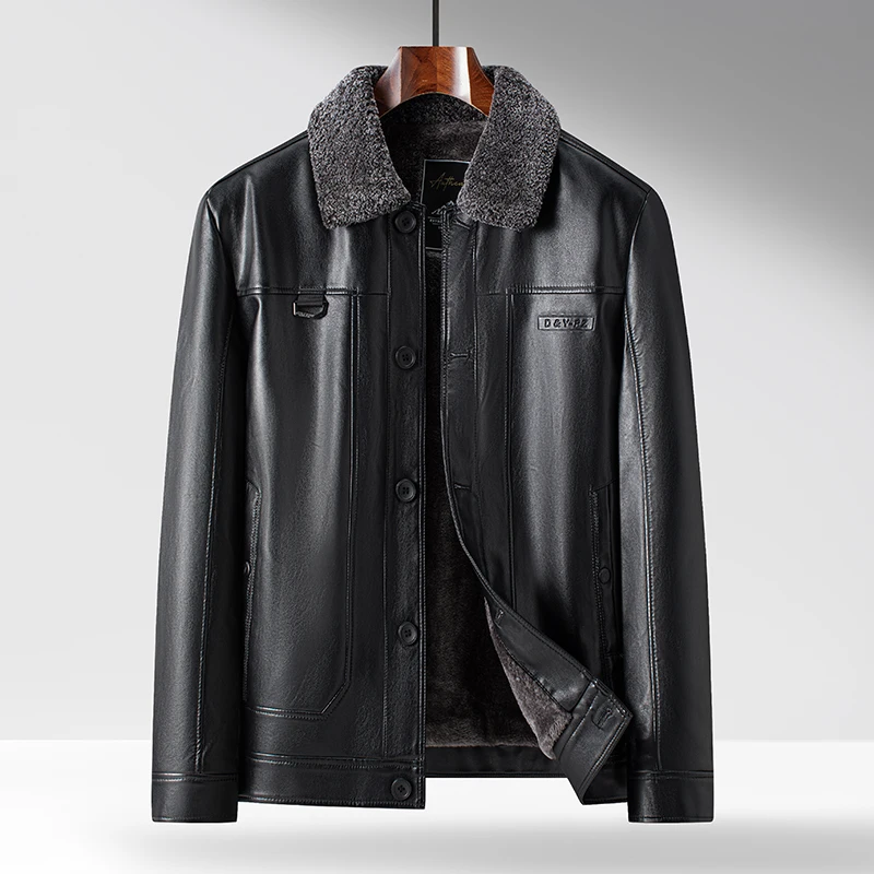 

Warmth Thiened Leather Jaet for Men with Stand Collar Fce Inner Stand Fit Long Sve Casual Sle Polyester Fiber