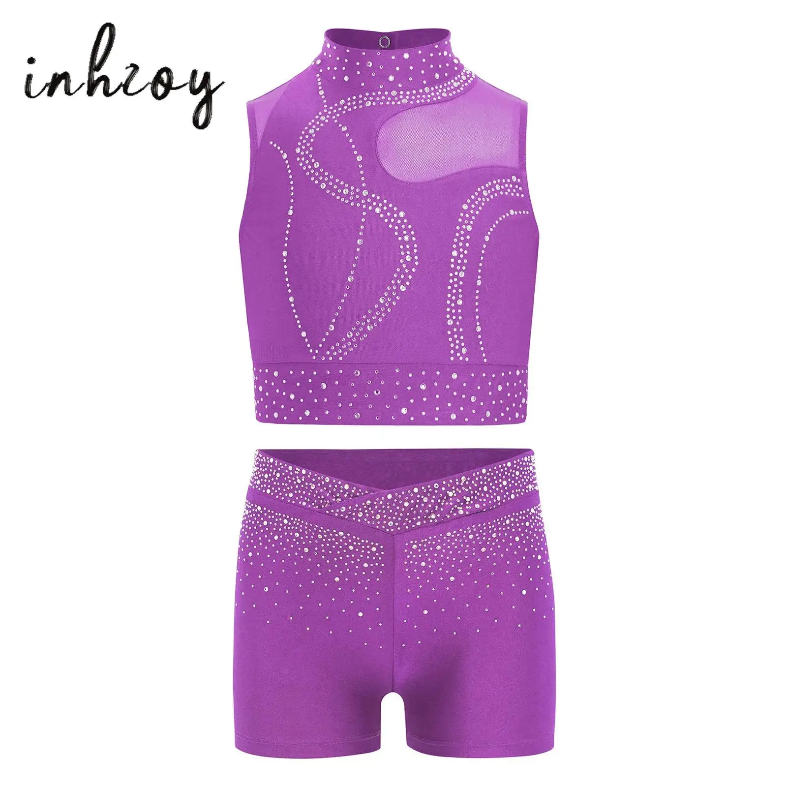 Kids Girls Gymnastics Ballet Dance Outfit Sleeveless Keyhole Back Mesh Patchwork Rhinestones Crop Top+Shorts Set Yoga Sportwear