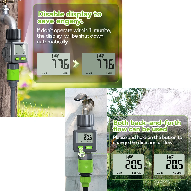 Water Flow Meter Measure Gallon/Liter Consumption and Flow Rate for Garden Hose Watering RV Water Tank Filling Lawn Sprinkler