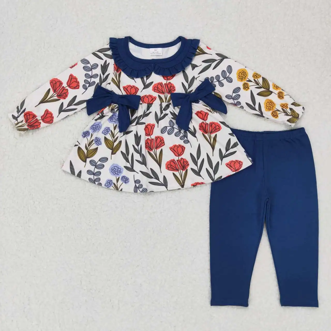 

Wholesale Baby Girls Set Long Sleeves Floral Tunic Tops Navy Blue Cotton Pants Children Kids Toddler Spring Fall Flower Outfit