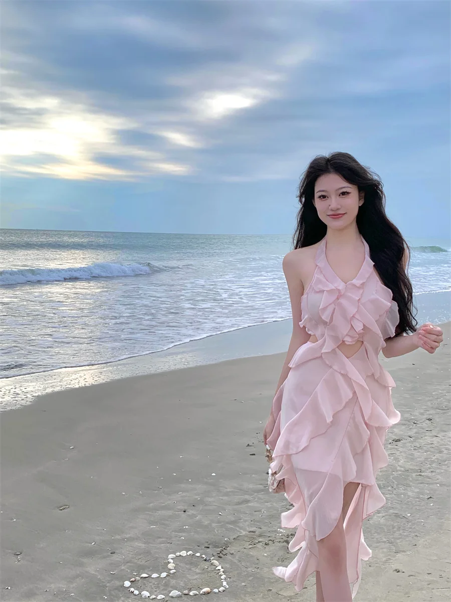 Dresses Womens Spring 2025 Winter Long-Sleeved Velvet Sashes Pleated Chiffon Sheer Flare Frill Flounce Flutter Swinging Elegant