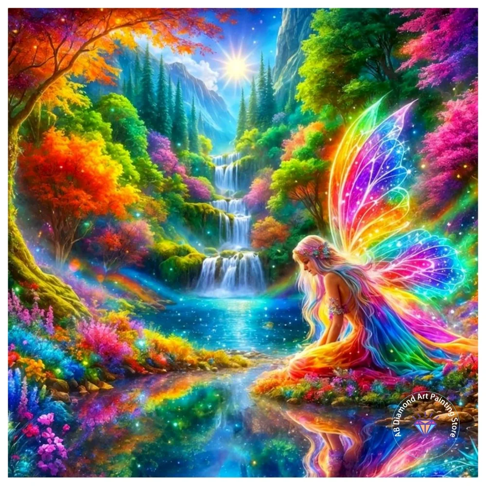 

Female Portrait Waterfall Landscape AB Diamond Painting Kit Square Round Diamond 5D DIY Mosaic Handmade Art Gift Home Decor