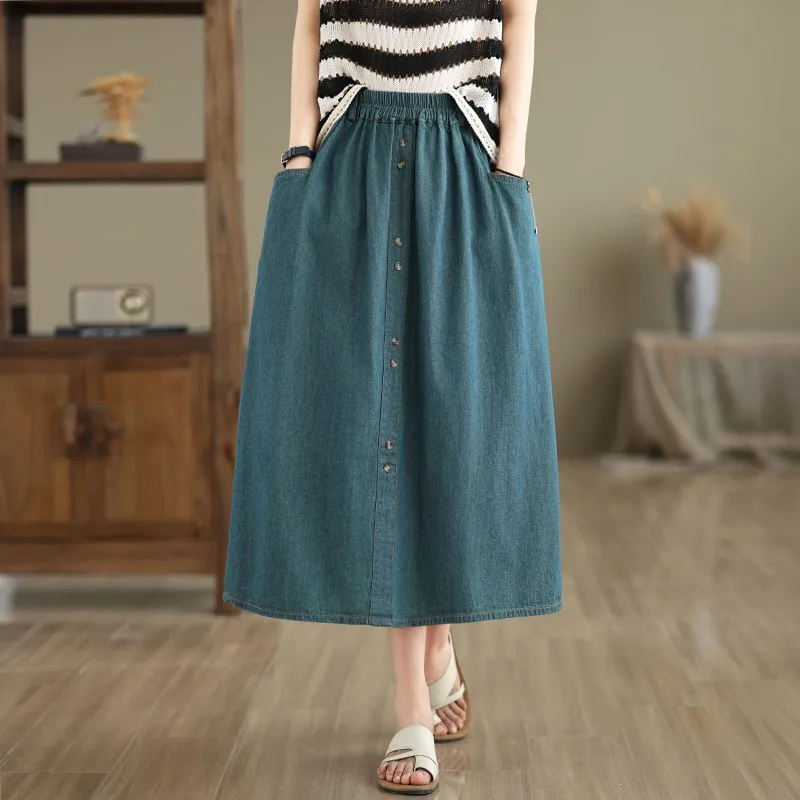 New Arrival Summer Arts Style Elastic Waist all-matched Casual A-line Skirt Women Vintage Blue Cotton Denim Loose Long skirt