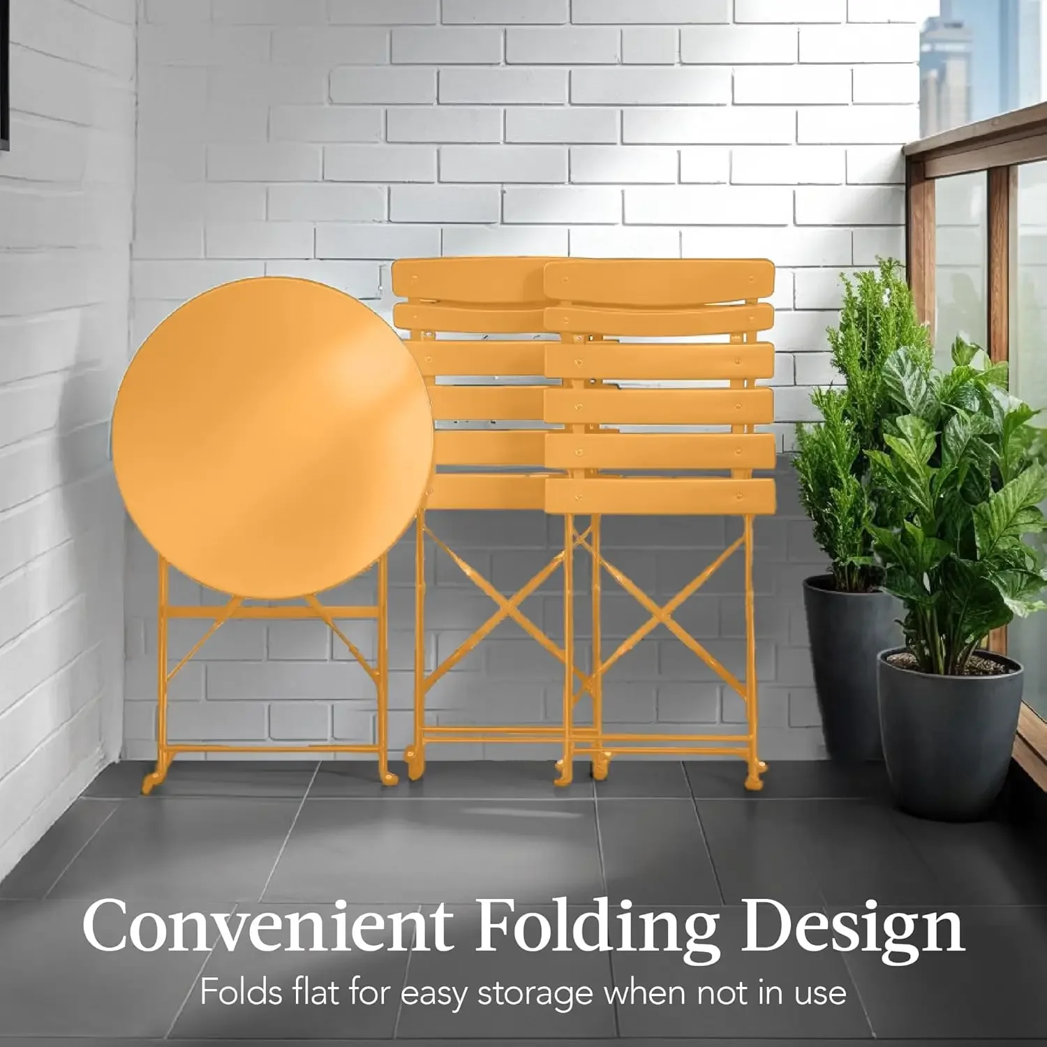

3-Piece Bistro Set, Space Saving Folding Design, Solid Steel, Outdoor Patio Furniture Set w/ 2 Chairs, Bistro Table - Marigold