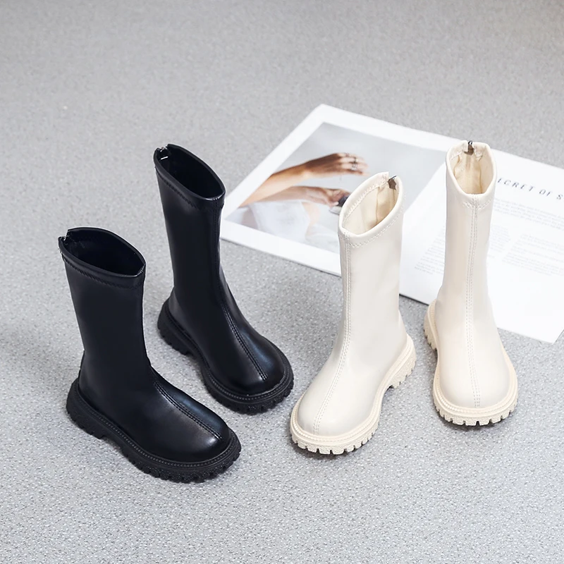 Girls Mid‑Calf Leather Boots Kids Back Zipper Fashion Tall Boots Non‑Slip Thick Sole Toddler Girl Casual Riding Boots For Autumn