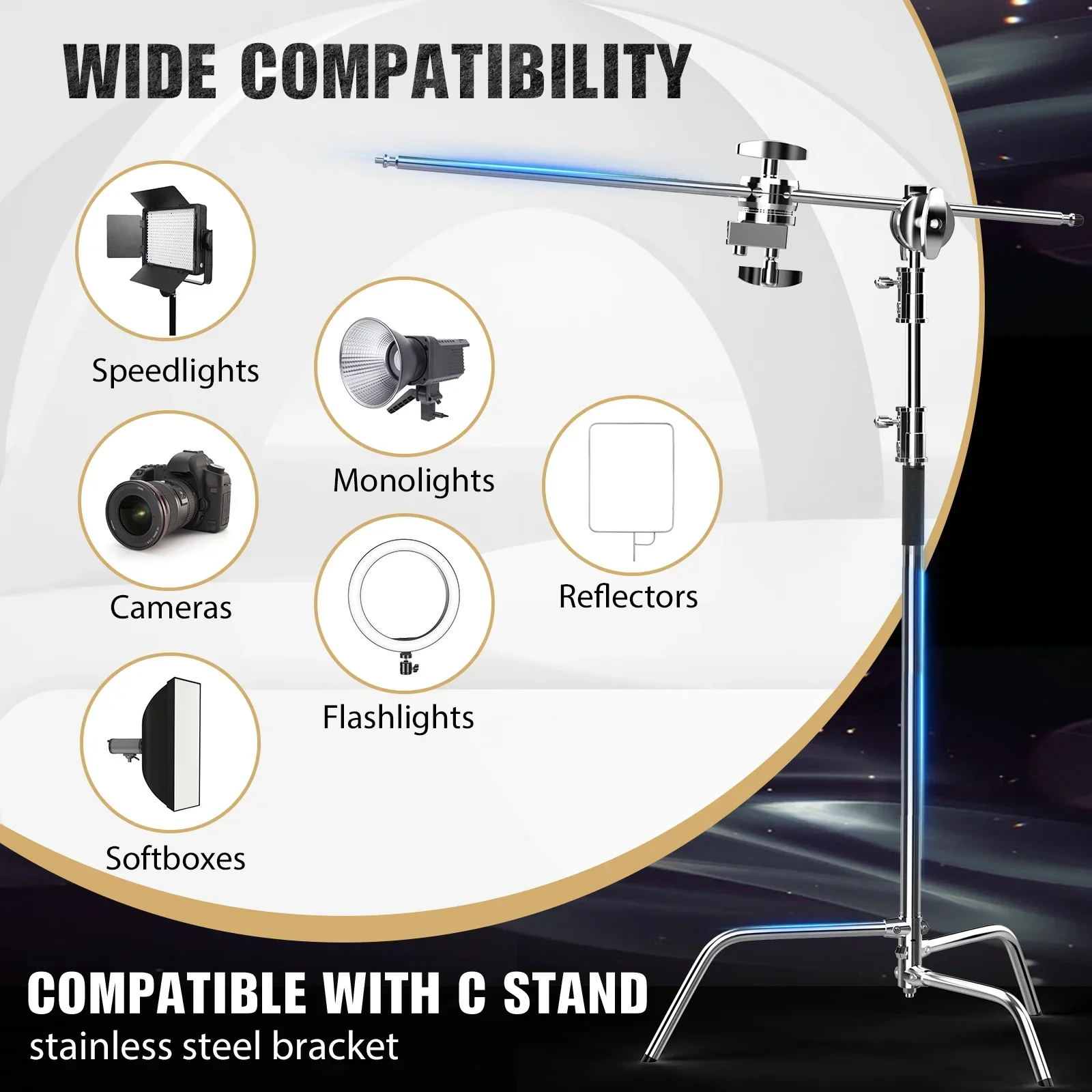 2.6M/8.5FT Stainless Steel Century Foldable Light Stand Tripod Magic Leg Photography C-Stand For Spot Light,Softbox,Photo Studio