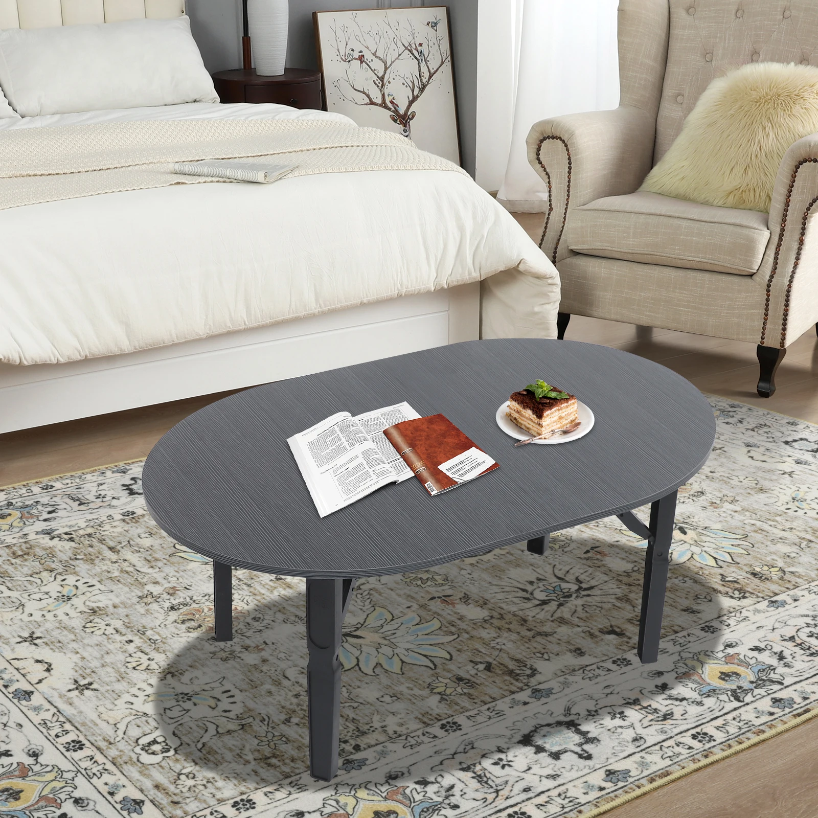 Mesa de centro plegable Mesa auxiliar ovalada moderna para sala de estar, dormitorio y oficina No necesita montaje