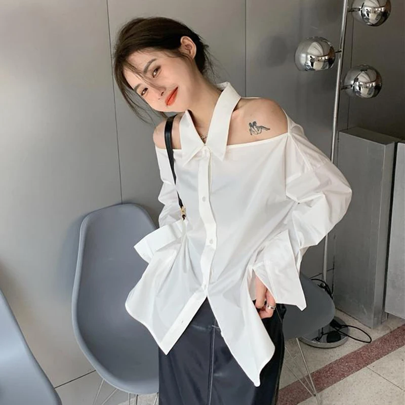 Off Shoulder White Shirt Women Korean Fashion Chic Loose Long Sleeve Top Thin Summer Office Ladies Casual All Match Solid Blouse