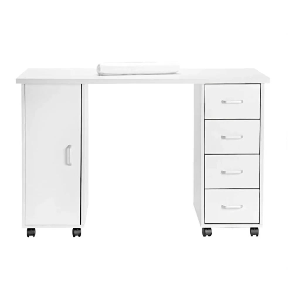 Nail Table Nail Desk Station with 4 Drawers a Cupboard,Manicure table beauty salon equipment with wrist pads and drawers White