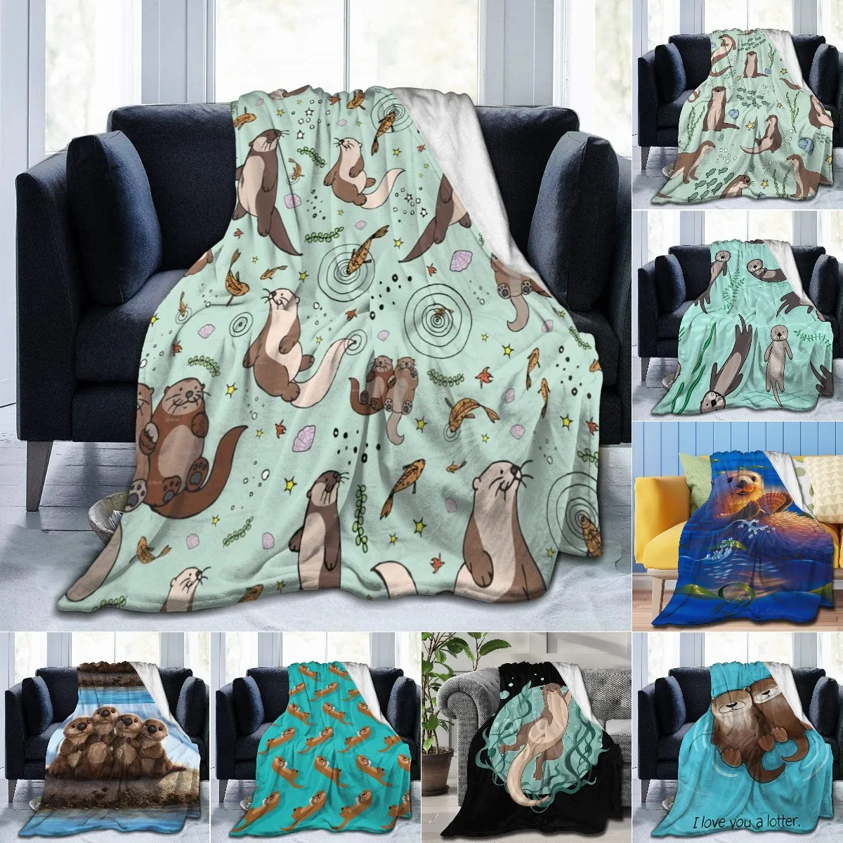 Sea Otters Throw Blanket,Green Small Flannel Lap Blanket Gifts for Kids,Fleece Sofa Cozy Noon Break Blanket for Office Couch Car