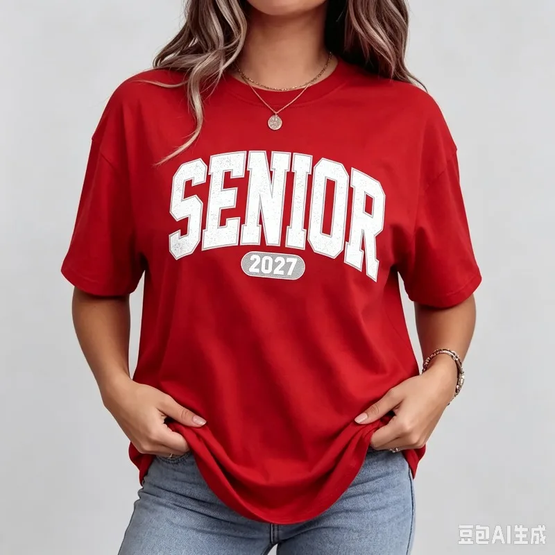 SENIOR 2027 Front Print T-Shirt 100% Cotton Women Short Sleeve Tee Graduation Senior Class Casual Weekend Hangout Top