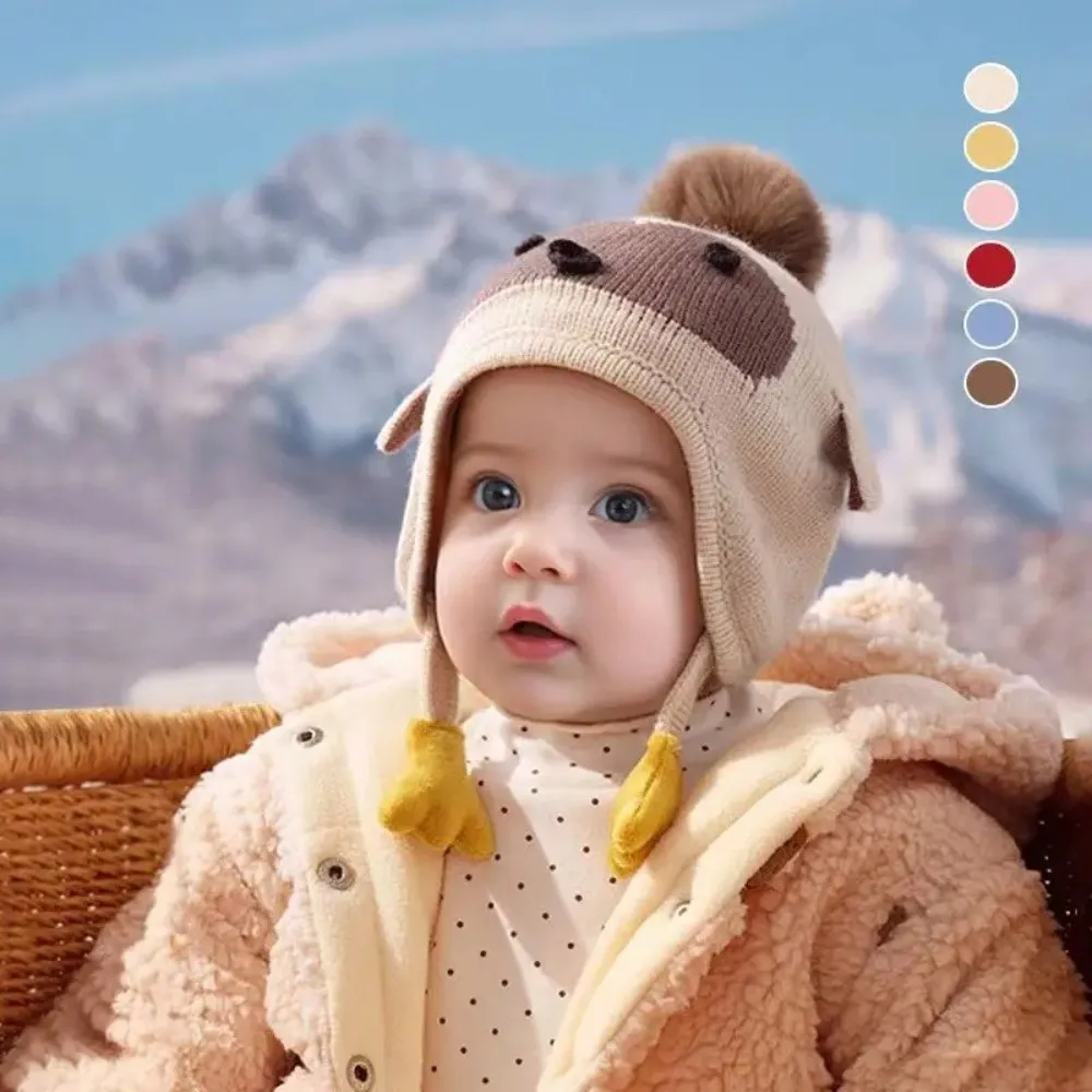 

Kawaii Cartoon Beanie Caps Thickened Coldproof Winter Pullover Hats Strap Design Keep Warm Baby Ear Protection Hat