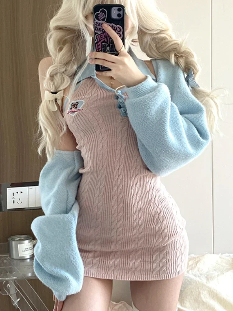 

Autumn Japanese Kawaii Two Piece Set Women French Elegant Sleeveless Dress Suit Female Sweet Slim Dress ＋ Korea Casual Cardigans