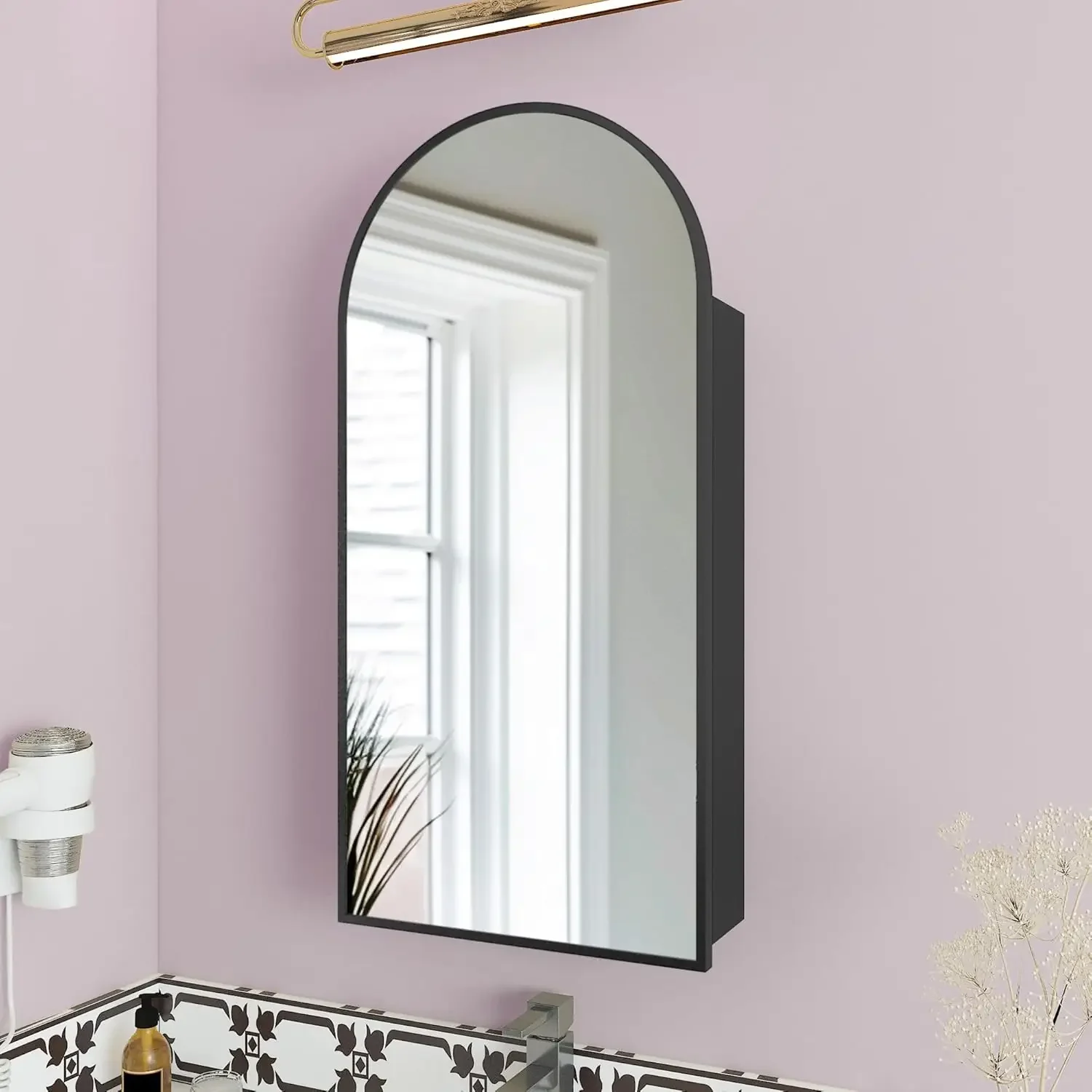 Arched Medicine Cabinet with Mirror, Aluminum Alloy Brushed Frame Bathroom Mirror with Storage, 3 Adjustable Shelves