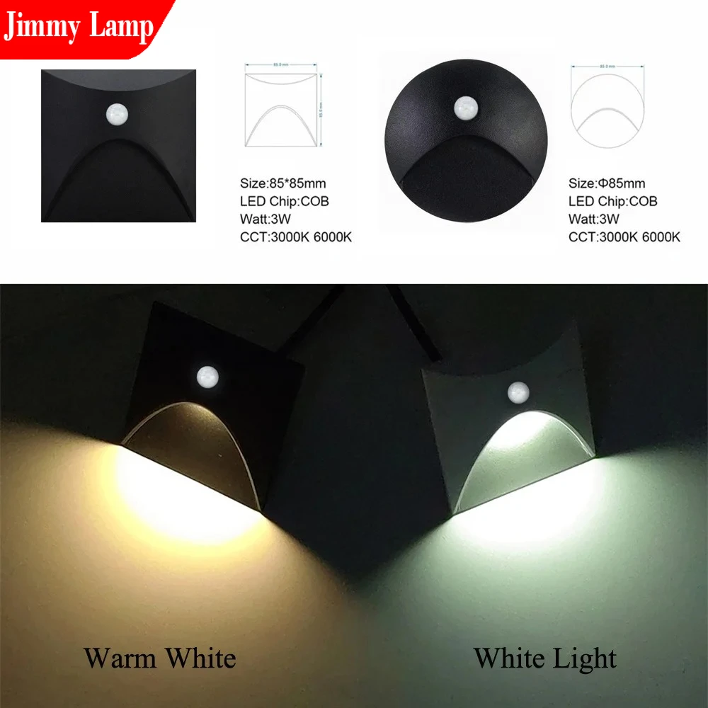 Lámpara LED empotrable de pared de 3W con Sensor de movimiento PIR, escalera de 85-240V, impermeable, para pasillo, valla, lámpara de inducción inteligente para escaleras