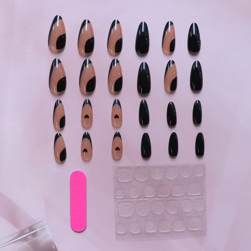 24szt Press on Nails Medium Almond Shaped Light black French Press On Nails Heart Design French Tip Press on Nails