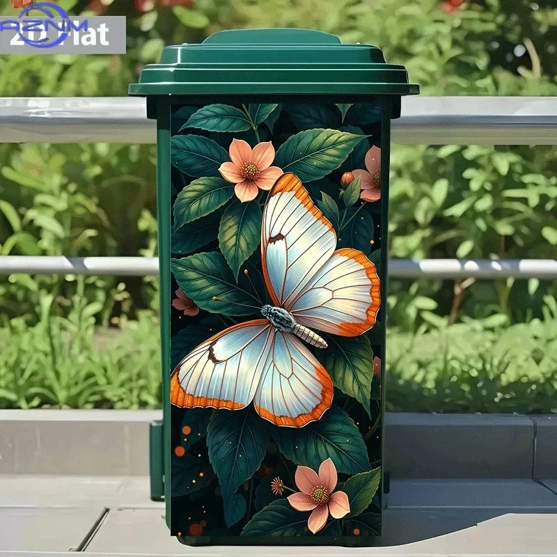 2D Flat Printing 1pc Trash Can Sticker, Colorful Butterfly Perched on Green Leaves Themed Design, Self-Adhesive Wall Decal Wal