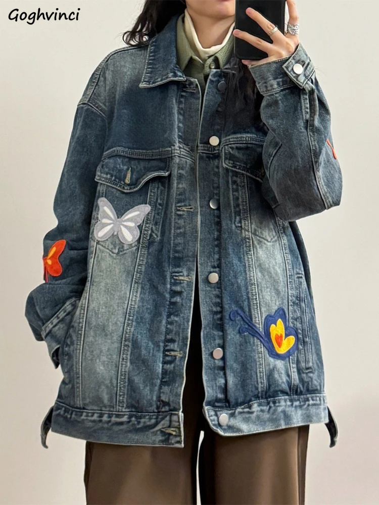 

Denim Jackets for Women High Street American Retro Embroidered Loose Fit Autumn Outerwear Popular Daily All-match Chic Students