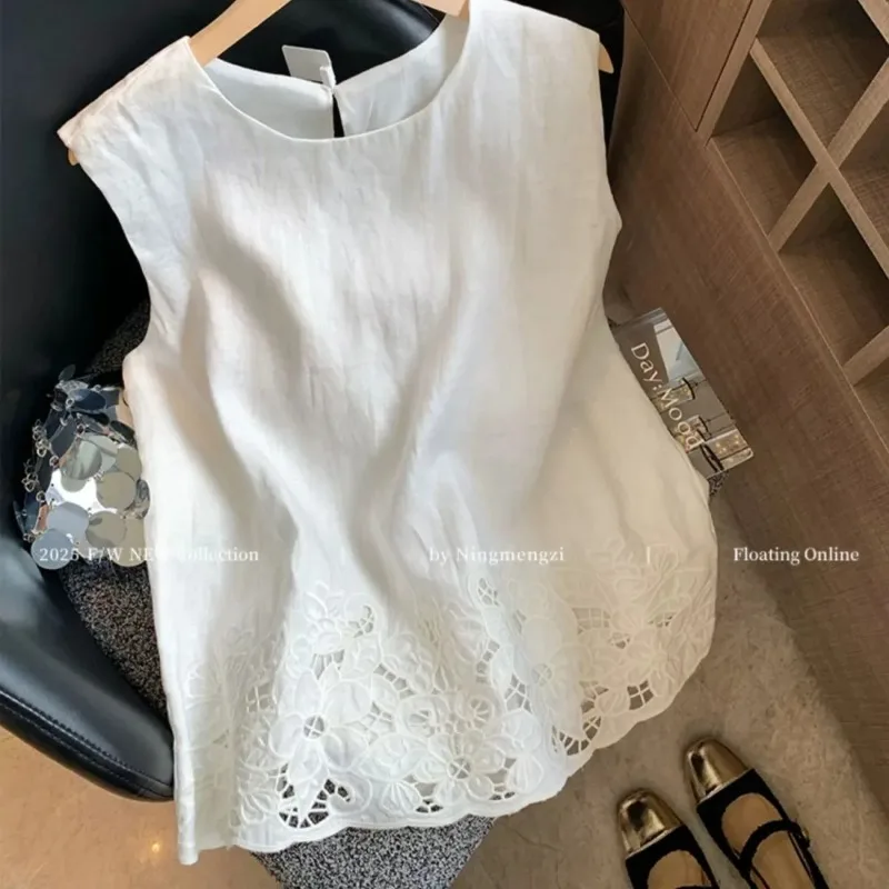 New Chinese Style Hollow Embroidered Round Neck Linen Vest for Women Summer New Style Relaxed and Versatile Sleeveless Top