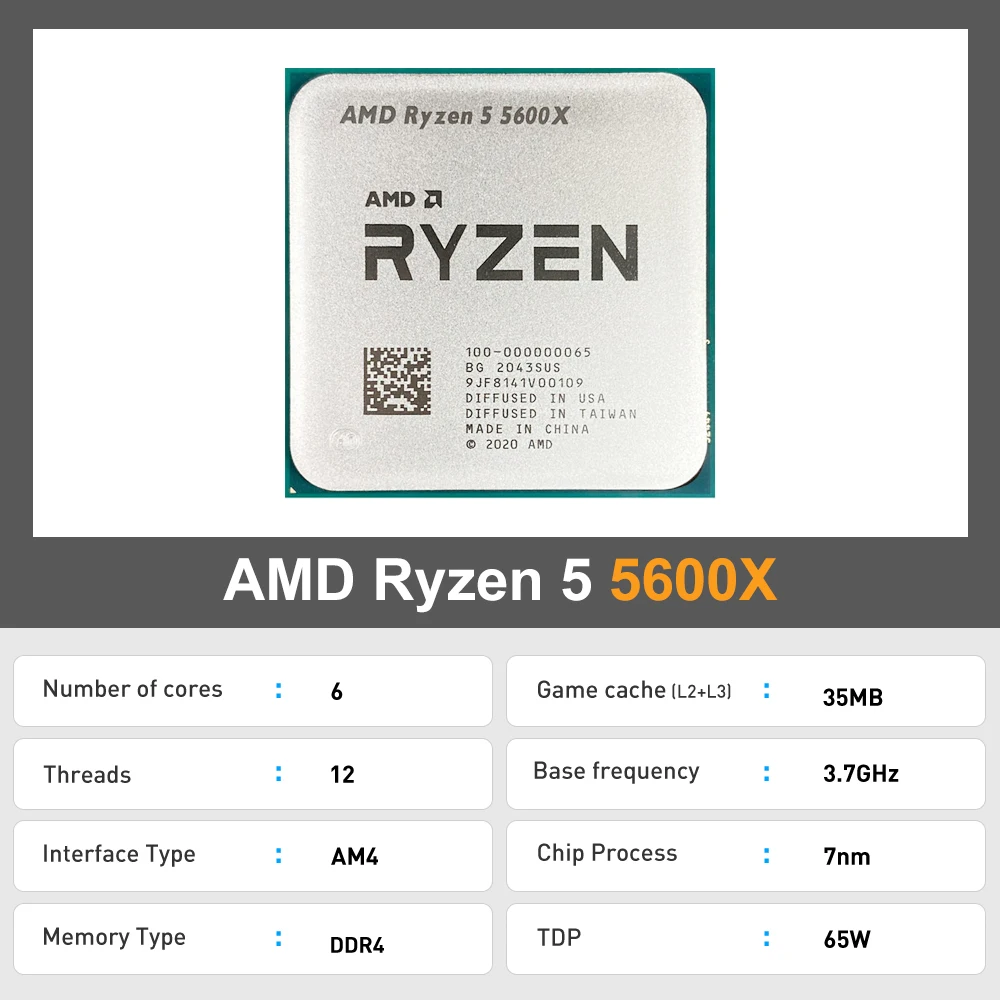 AMD Ryzen 5 5600X New R5 5600X 6-Core 12-Thread 4.6GHz 7NM DDR4 L3=32MB CPU 100-000000065 Socket AM4 TDP 65 New but without fan