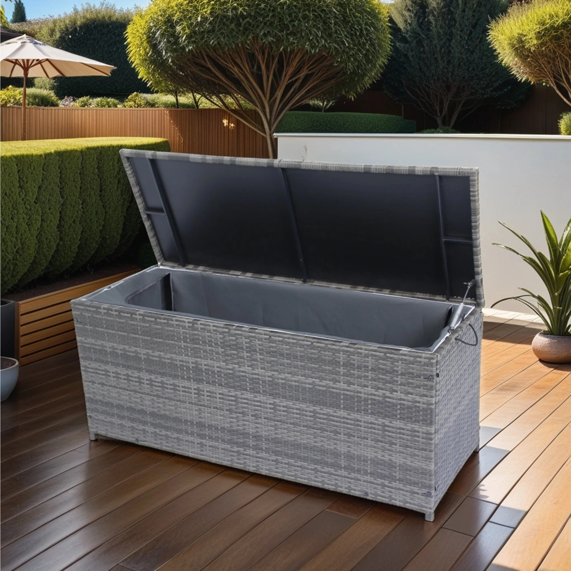 Outdoor Storage Box, 113 Gallon Wicker Patio Deck Boxes with Lid, Outdoor Cushion Storage for Kids Toys, Pillows, Towel Grey