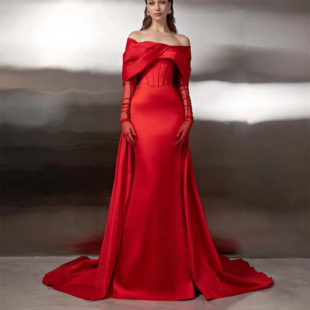 

Customized Long Off Shoulder Satin Evening Dresses Mermaid Pleated Sweep Train فساتين الحفلة Prom Dress for Women