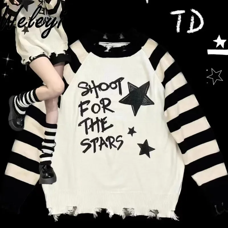 

Japanese Y2k Soft Girl Star Letter Stripes Print Knitwear Student Subculture Loose Cute Long Sleeve Hole Crew Neck Sweater Women