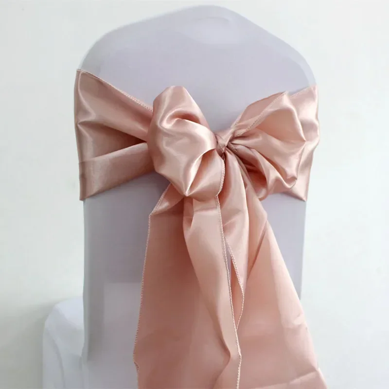 10pcs/50pcs Rose Gold Satin Chair Sash Tie Silk Wedding Chair Bow Ribbon Knot Belts For Party Event Hotel Banquet Decoration