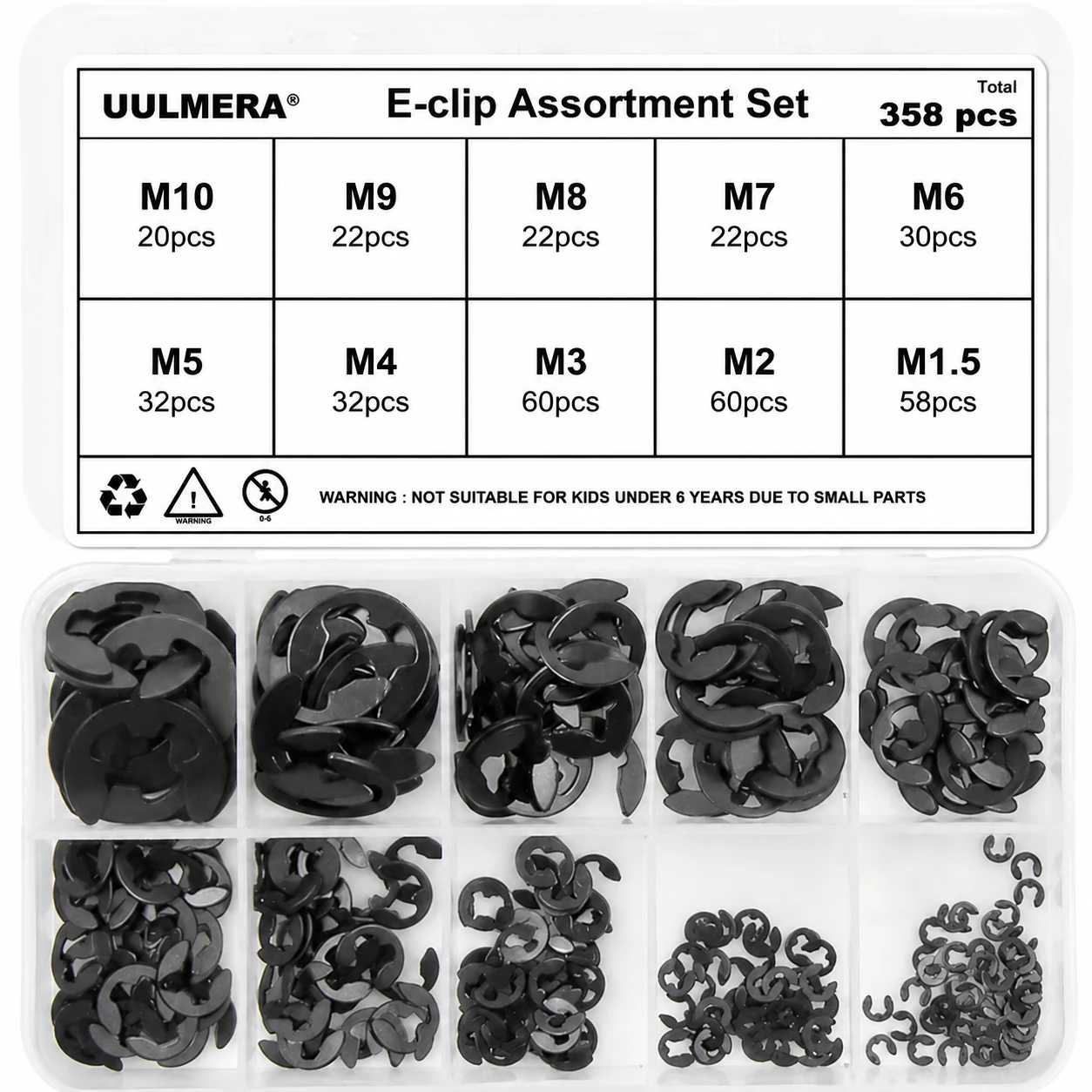 Black Alloy Steel 358pcs E-Clips and 222pcs C Clips External Circlip Set Snap Ring Retaining Ring for Shaft Bearing Hardware