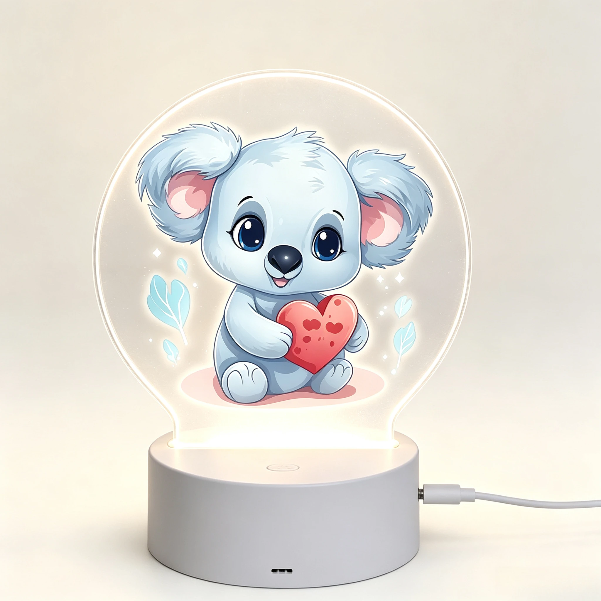 Light Blue Koala Holding Red Heart Acrylic 3D Night Light Bedroom Decor Lamp